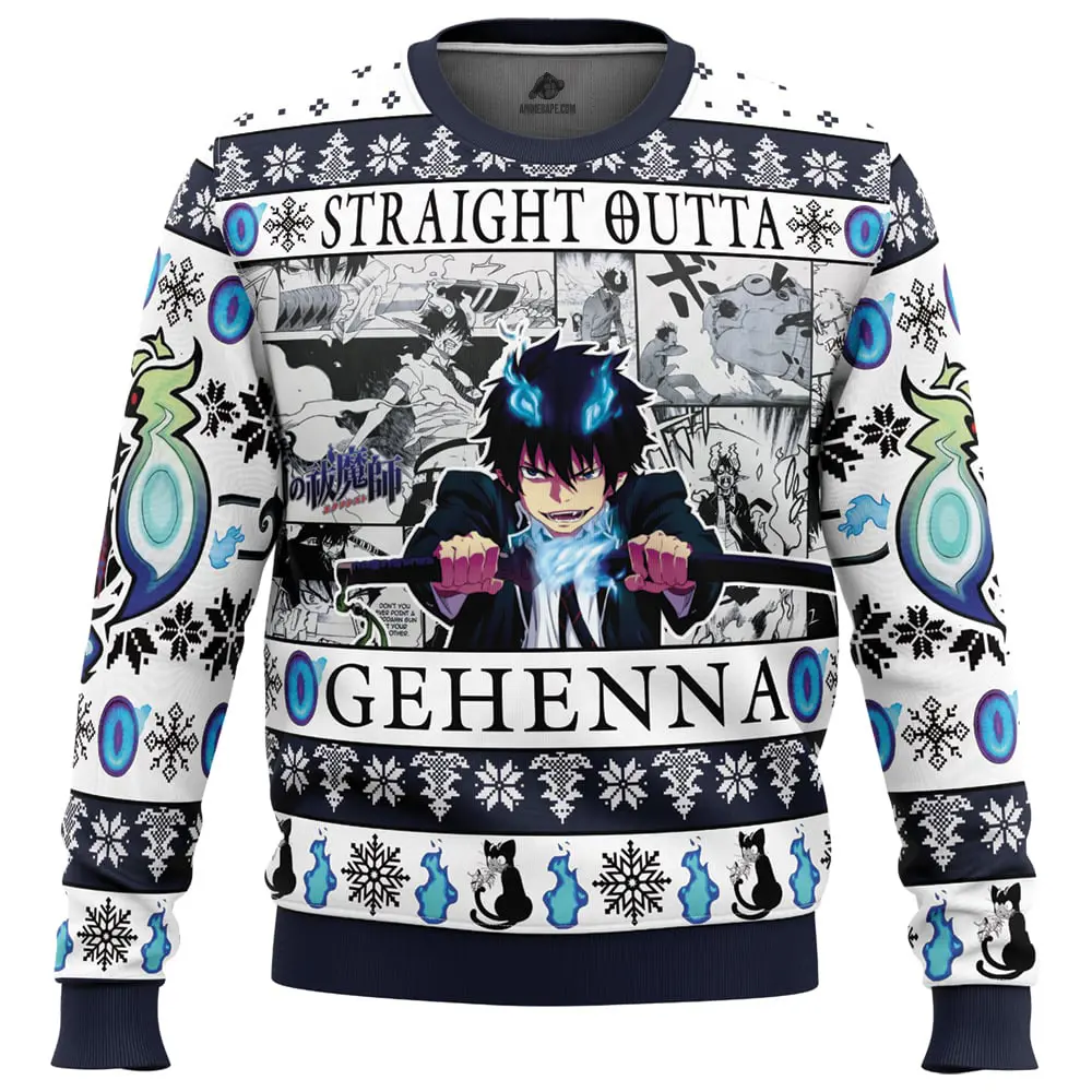 Straight outta gehenna blue exorcist ugly christmas sweater
